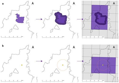 Dos mapas que muestran la expansión progresiva de áreas resaltadas en color púrpura y naranja dentro de una región geográfica delineada, con flechas indicando la dirección del enfoque en cada etapa.

Descripción generada con IA