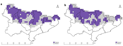 Mapas que muestran la distribución geográfica de dos variables diferentes en una región con áreas sombreadas en tonos morados y grises.

Descripción generada con IA