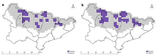 Dos mapas con cuadrículas que muestran la distribución espacial de una variable representada en color morado en una región geográfica delineada.

Descripción generada con IA