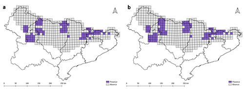 Dos mapas con cuadrículas que muestran áreas sombreadas en púrpura indicando la presencia de una variable llamada "Presence" en diferentes regiones de un territorio delineado.

Descripción generada con IA